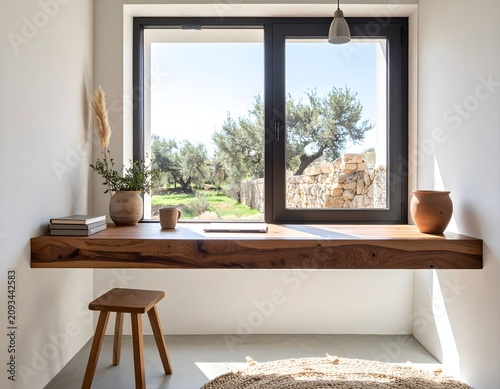 Photorealistic Minimalist Home Office Nook With Floating Walnut Desk And Garden View
