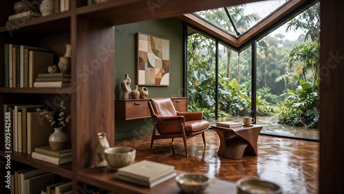 Mid century modern reading room with leather armchair and glass greenhouse window