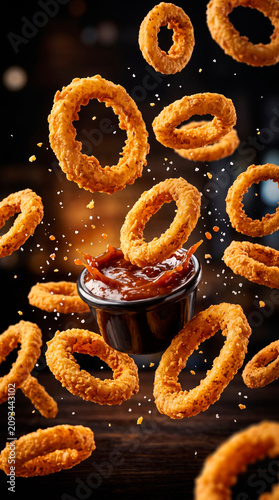 Crispy onion rings with dipping sauce in dynamic motion fast food and snack concept fried appetizer with seasoning takeaway onions golden