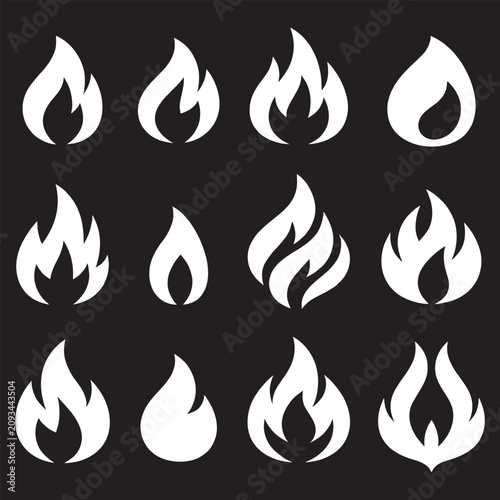 Fire Flame Logo Icons Set White Hot Bonfire Collection with Blazing Spark Energy Power Symbols Gas Heating Burner Labels Vector Illustration Isolated on Black Background