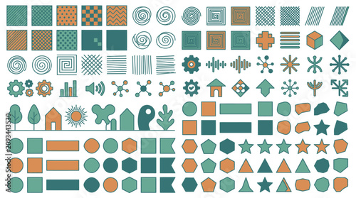 Eine umfangreiche Sammlung von geometrischen Formen, Mustern, Symbolen und abstrakten Icons in einer modernen Farbpalette aus Blaugrün und Orange auf weißem Hintergrund.