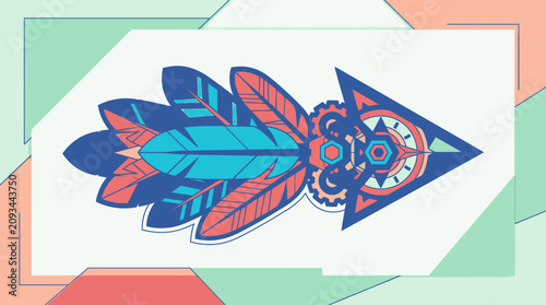 Stilisierter Pfeil mit Federn und mechanischen Zahnrad-Elementen in einer modernen, farbenfrohen Vektorillustration mit geometrischem Hintergrunddesign.