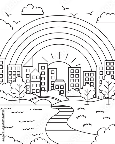 City Skyline with Rainbow and River Line Art Illustration
