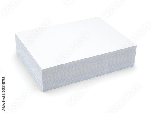 Stack of blank white A4 paper sheets. Clean ream of printer stationery. Isolated office supply asset.