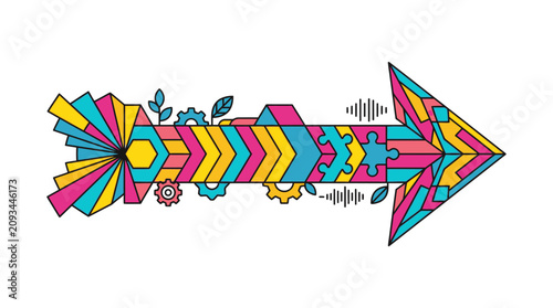 Ein farbenfroher, stilisierter Pfeil, der aus verschiedenen geometrischen Formen, Zahnrädern und Blättern besteht, symbolisiert Fortschritt und Kreativität auf weißem Hintergrund.