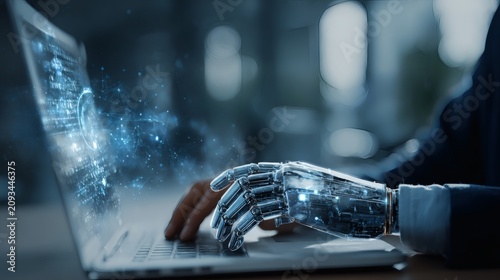A close-up shot shows a robotic hand and a human hand collaborating on a laptop, with glowing digital data swirling around them.