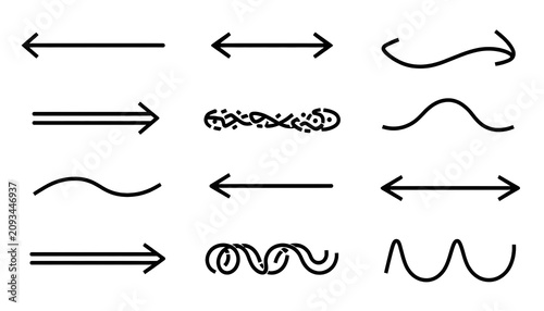 A collection of various black hand drawn arrows and wavy lines isolated on a white surface featuring diverse geometric shapes for creative graphic design projects.