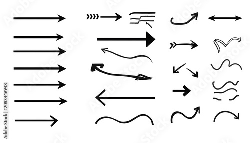 A collection of various black hand drawn arrows and wavy lines isolated on a white surface featuring diverse geometric shapes for creative graphic design projects.