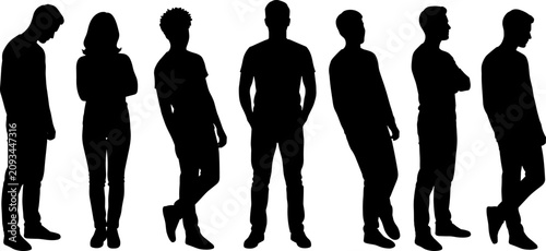 Standing People Silhouette Collection Set with Casual Human Poses Isolated on White Background