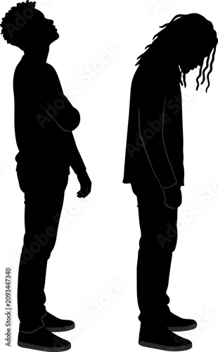Two Standing People Silhouette Set with Contrasting Body Language Isolated on White Background