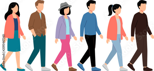 Walking People Character Collection Flat Vector Illustration Set with Diverse Casual Pedestrian Poses