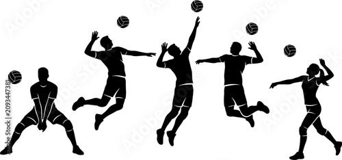 Volleyball Player Silhouette Collection Vector Set with Serving Passing Spiking and Blocking