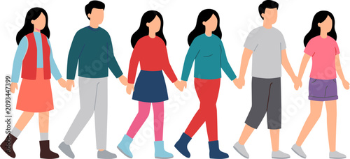 Walking People Character Collection Holding Hands Flat Vector Illustration Set on White Background