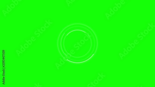 Three glowing white circular rings pulsing against a vibrant solid green background