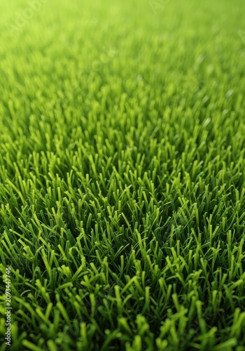 A detailed close-up of vibrant green artificial turf texture, showing neat synthetic blades for maintenance-free landscaping, neat, blade, lush