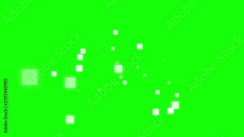 Floating white geometric square particles against a vibrant bright green background