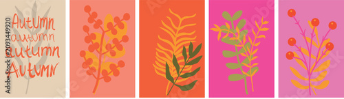Autumn Botanical Posters Set with Hand Drawn Leaves and Berries in Modern Minimal Style