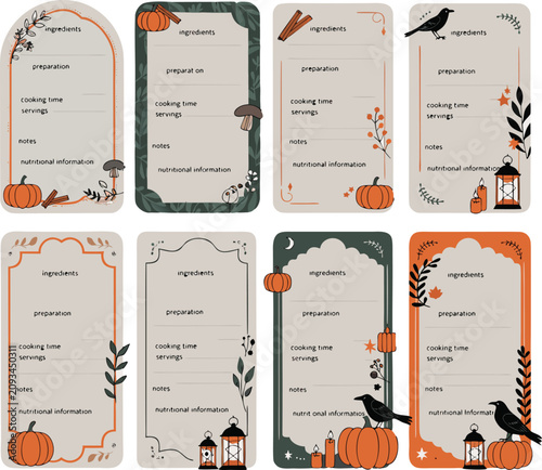 Set of eight fall themed recipe card templates with autumn illustrations