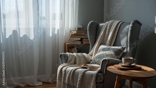 Cozy Armchair Nook with Books, Blanket, and Coffee in a Serene Home Setting, Bathed in Natural Light