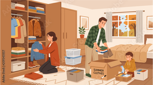 Family organizing their wardrobe transition from summer to autumn, folding sweaters and storing summer clothes, cozy home lifestyle concept, clean 2D flat vector illustration