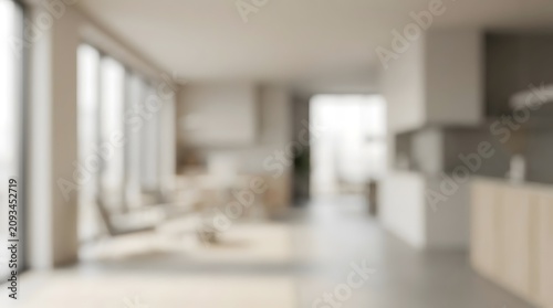 Blurred Modern Open Plan Living Room Kitchen Interior.