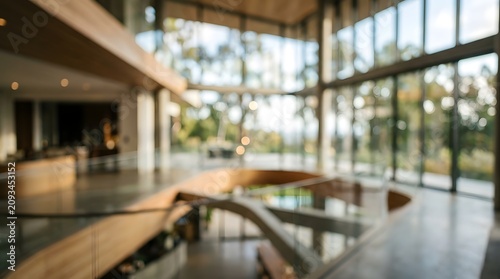 Modern Glass Lobby Interior With Escalators And Benches.