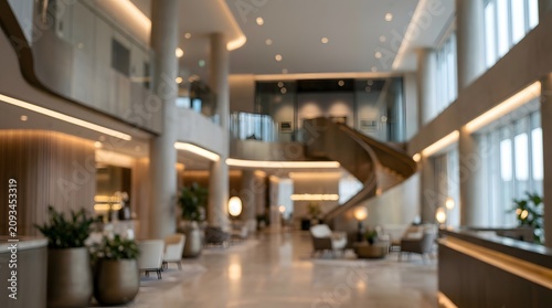 Modern Luxury Hotel Lobby With Spiral Staircase And Atrium.