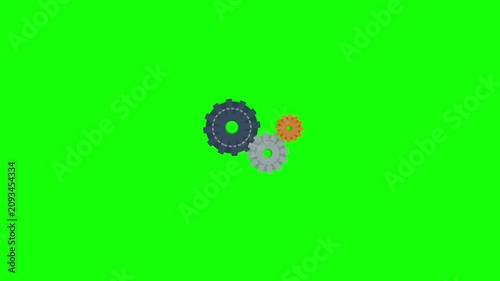 Three rotating mechanical gears animated against a bright solid green background