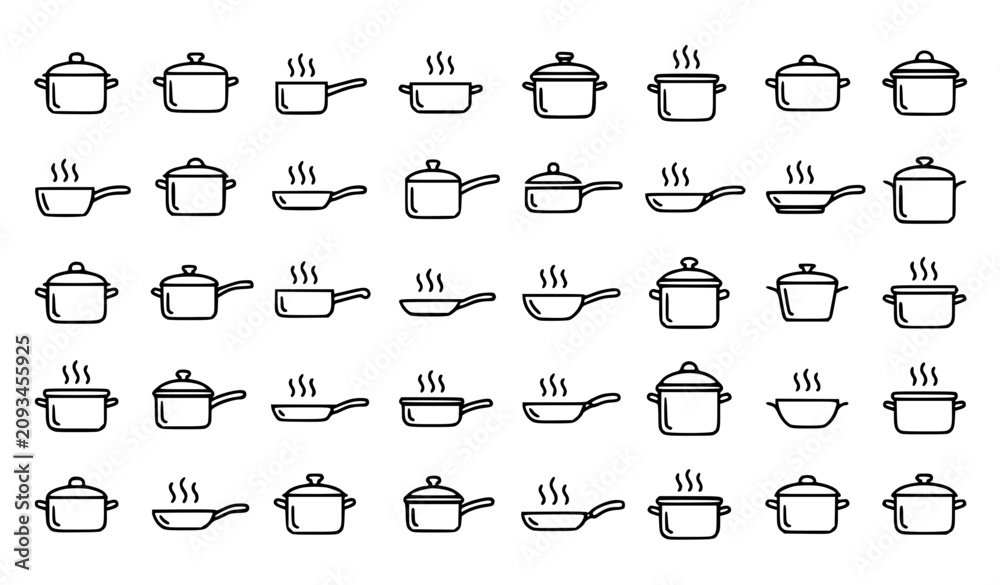 Fototapeta premium Kitchenware Line Art Icon Collection with Steaming Pots Pans and Skillet Designs