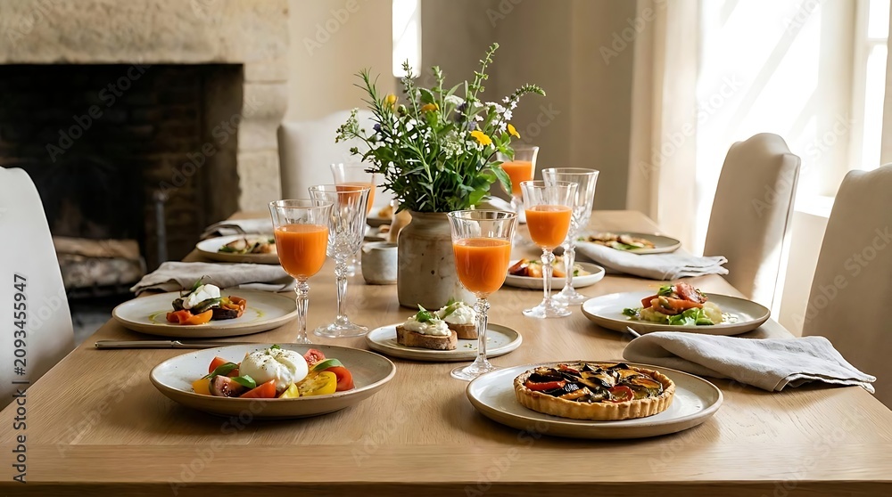 Fototapeta premium Elegant dining table set with various gourmet dishes.
