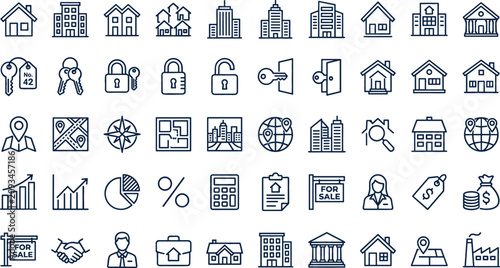 Obraz na plátně Real Estate and Property Line Icon Set with Houses Buildings Keys Mortgages Cont