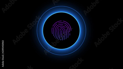Purple and Blue Neon Fingerprint Scan Animation on Dark Background – Biometric Security and Digital Authentication Concept
