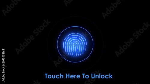 Blue Neon Fingerprint Unlock Animation with Touch Here to Unlock Text – Biometric Security and Access Control Concept