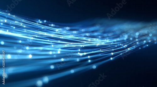 Glowing blue light streams flow dynamically across a dark digital background