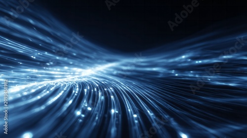 Stream of glowing blue light fibers conveys concepts of digital data transmission
