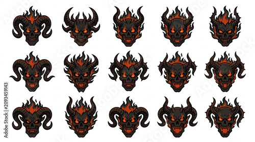 Foto Collection of Demonic Skull Icons with Fiery Accents.