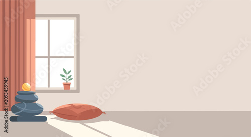 Bild auf Leinwand This minimalistic vector illustration features a peaceful room with sunlight streaming through a window onto a meditation cushion and zen stones