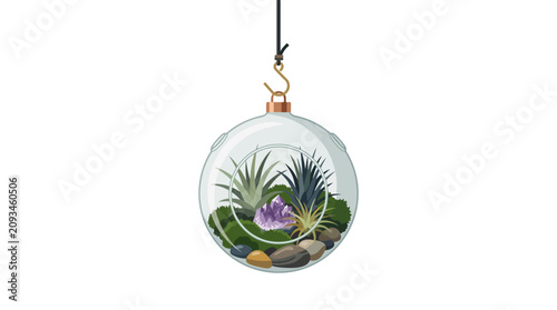 Hanging Glass Terrarium Ornament with Succulents and Amethyst Crystal