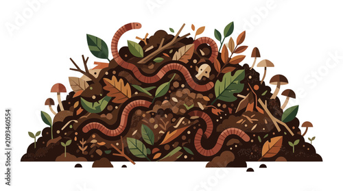 Fotografie Earthworms in Compost Pile with Autumn Leaves and Mushrooms