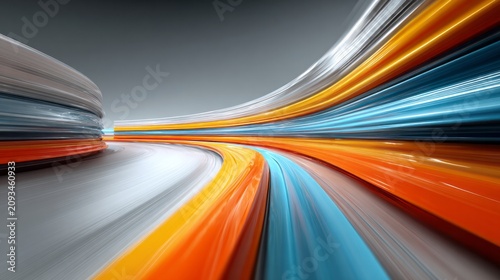 Dynamic composition illustrates abstract light trails moving rapidly along a curving pathway