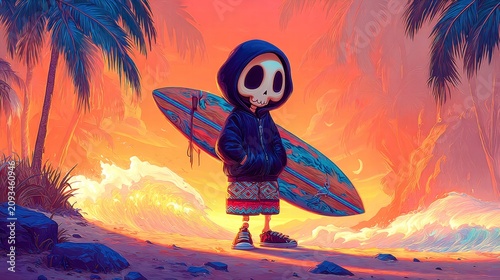 A skeleton surfer enjoys a beautiful sunset on a tropical beach, ready for the waves