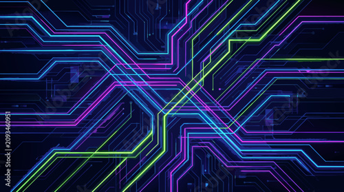 Colorful Neon Circuit Traces on Dark Technology Surface