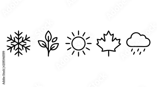 four seasons and weather icon vector set minimalist line art symbols