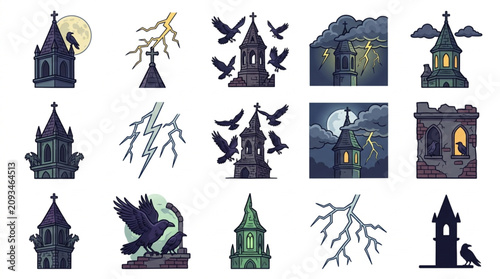 Collection of spooky gothic buildings and elements for Halloween.