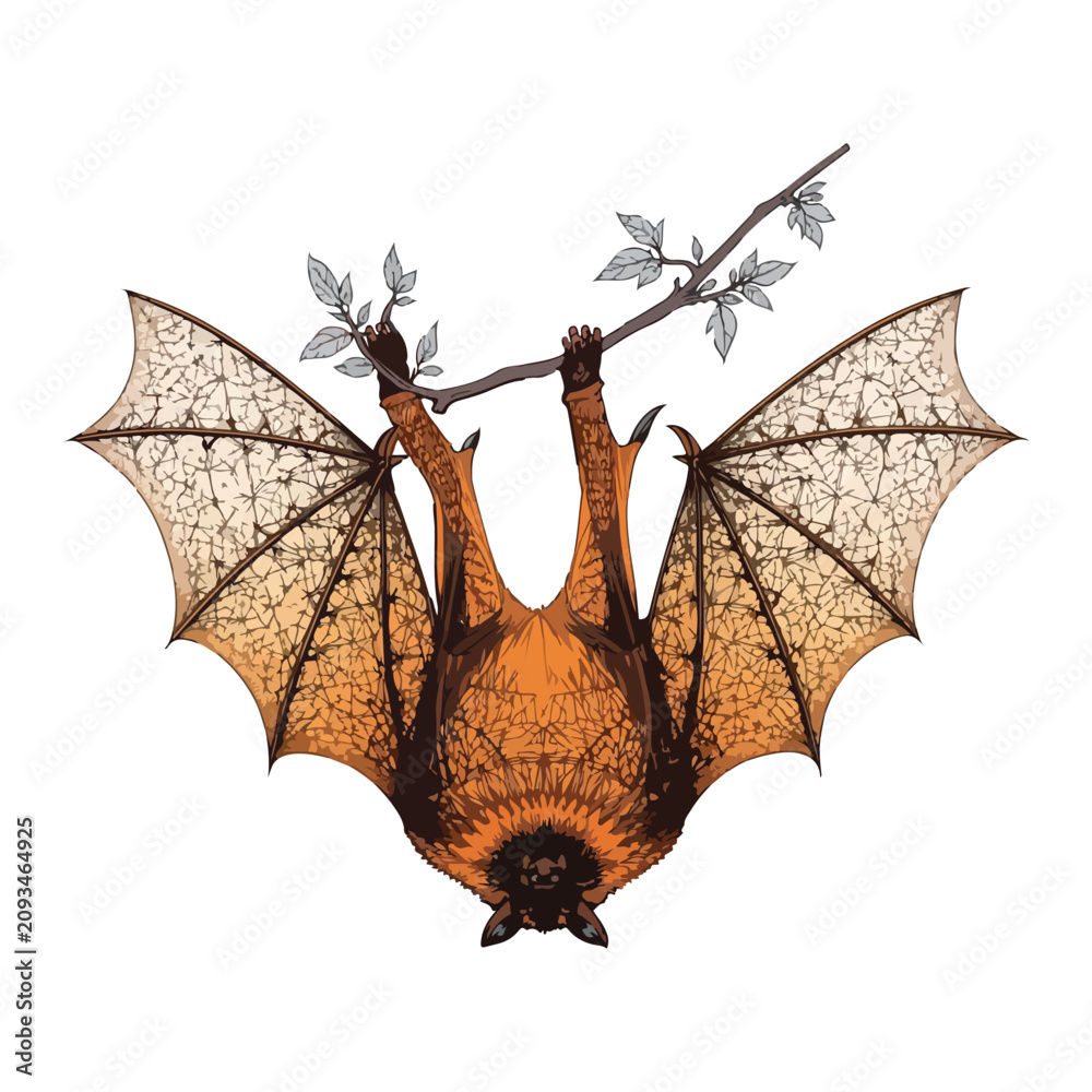 Naklejka premium Dynamic Orange Bat Hanging From Branch Intricate Detailed Wing Pattern Vector Art Graphics