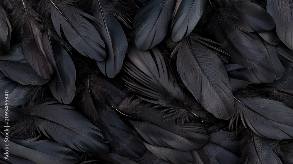Obraz premium Close-up image of overlapping black feathers with detailed texture and subtle shades of dark grey.
