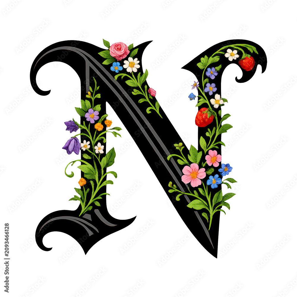 Obraz premium Elegant letter 'N' adorned with colorful flowers, PNG, transparent background.