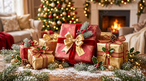 Regalos navideños elegantes con lazos dorados y decoración festiva para campañas comerciales.