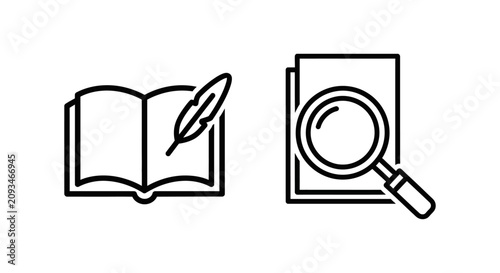 Conservation treatment record book and detailed log magnifying glass icons with conservation treatment magnifying research document investigation analysis restoration inspection