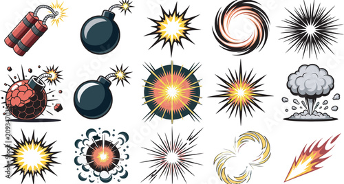 Tableau sur toile Cartoon dynamite and explosion vector set, playful collection featuring dynamite